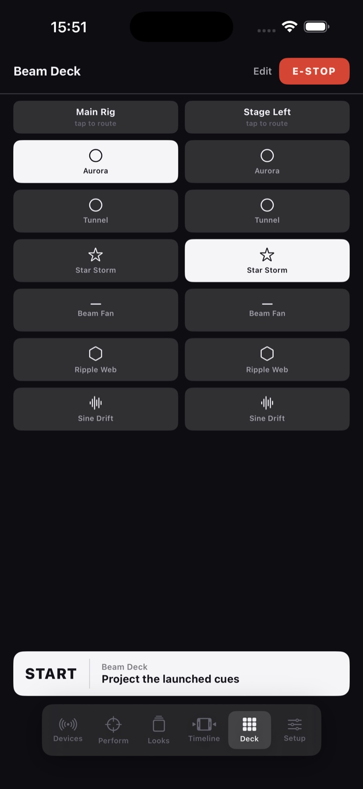 Beam Deck: saved cues laid out as launch pads across multiple rigs