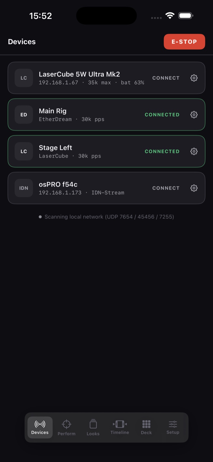 Devices screen: EtherDream, LaserCube WiFi and IDN DACs discovered and connected on the local network