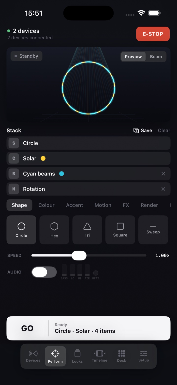 Perform screen: a Circle, Solar colour and Cyan beam stack with shape palette, speed and audio controls, the live preview and the GO bar