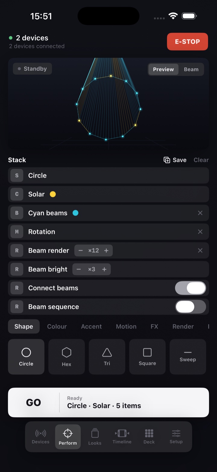 Beam render controls: dwell anchors, connect-beams and sequencing for aerial beam shows